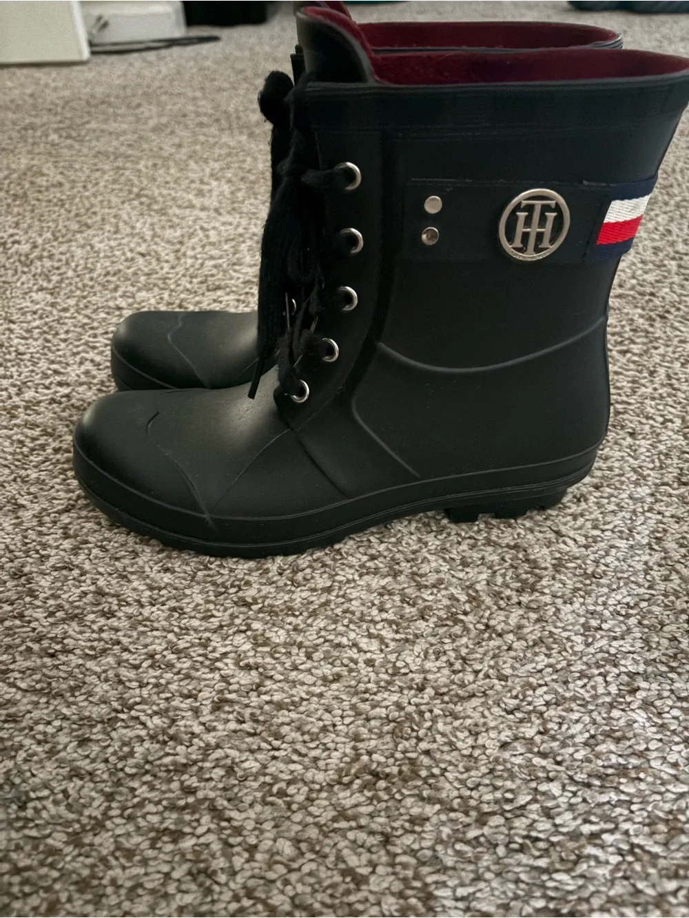 Tommy Hilfiger Black Women’s Rain Boots with Maroon Lining